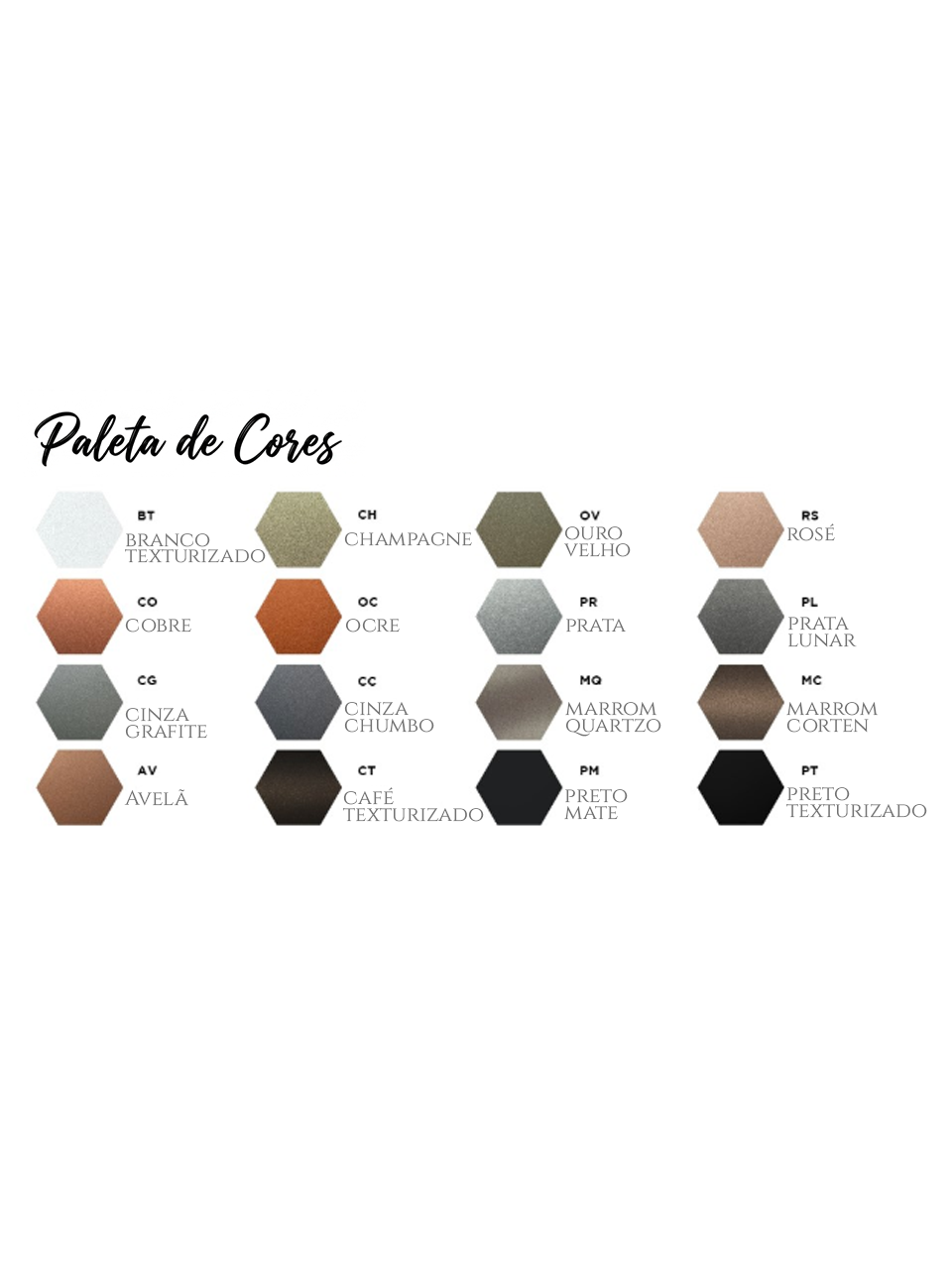 Paleta de cores Itamonte, apresentando op&ccedil;&otilde;es como branco texturizado, cobre, ocre, champagne, ouro velho, ros&eacute;, cinza grafite, cinza chumbo, prata, prata lunar, marrom quartz, marrom corten, avel&atilde;, caf&eacute; texturizado, preto mate e preto texturizado.